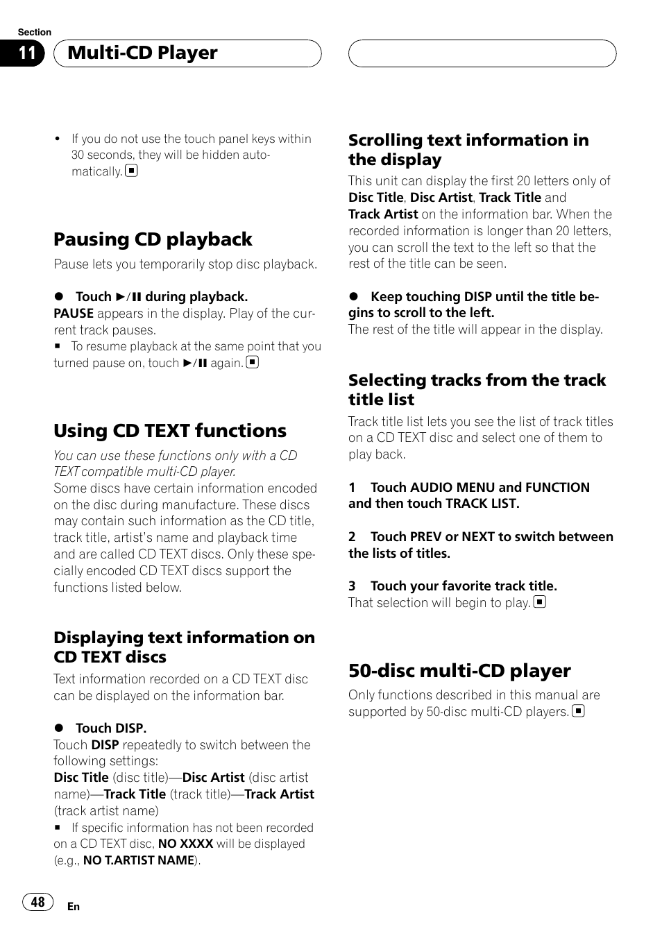 Pausing cd playback, Using cd text functions, Disc multi-cd player | Multi-cd player | Pioneer AVH-P6000DVD User Manual | Page 48 / 120