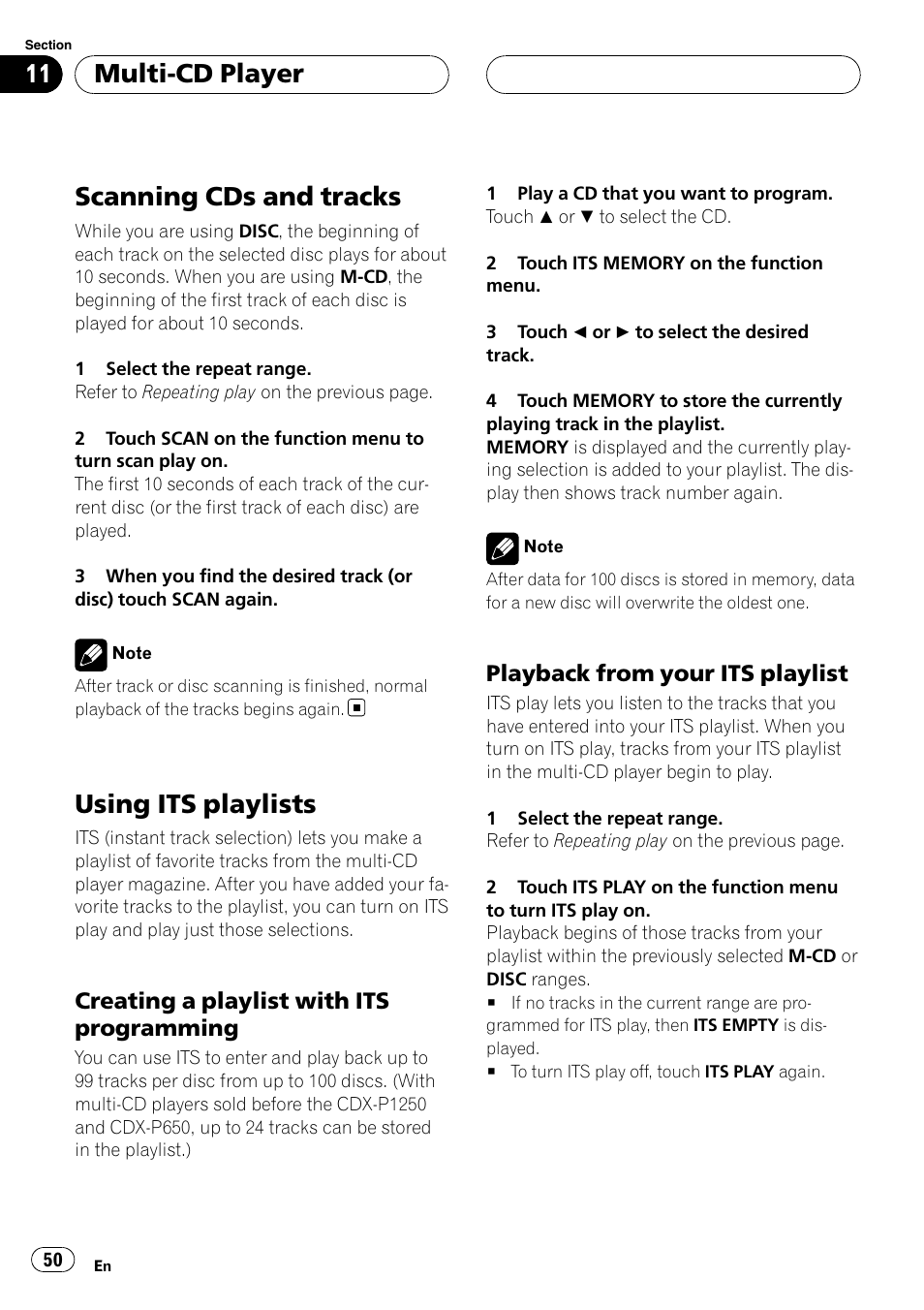 Scanning cds and tracks, Using its playlists, Multi-cd player | Creating a playlist with its programming, Playback from your its playlist | Pioneer AVH-P6000DVD User Manual | Page 50 / 120