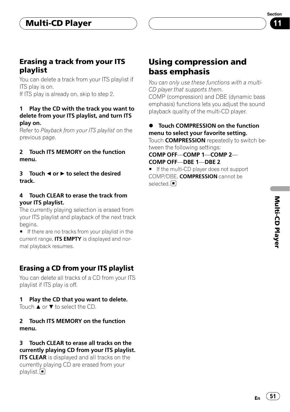 Using compression and bass emphasis, Multi-cd player, Erasing a track from your its playlist | Erasing a cd from your its playlist | Pioneer AVH-P6000DVD User Manual | Page 51 / 120