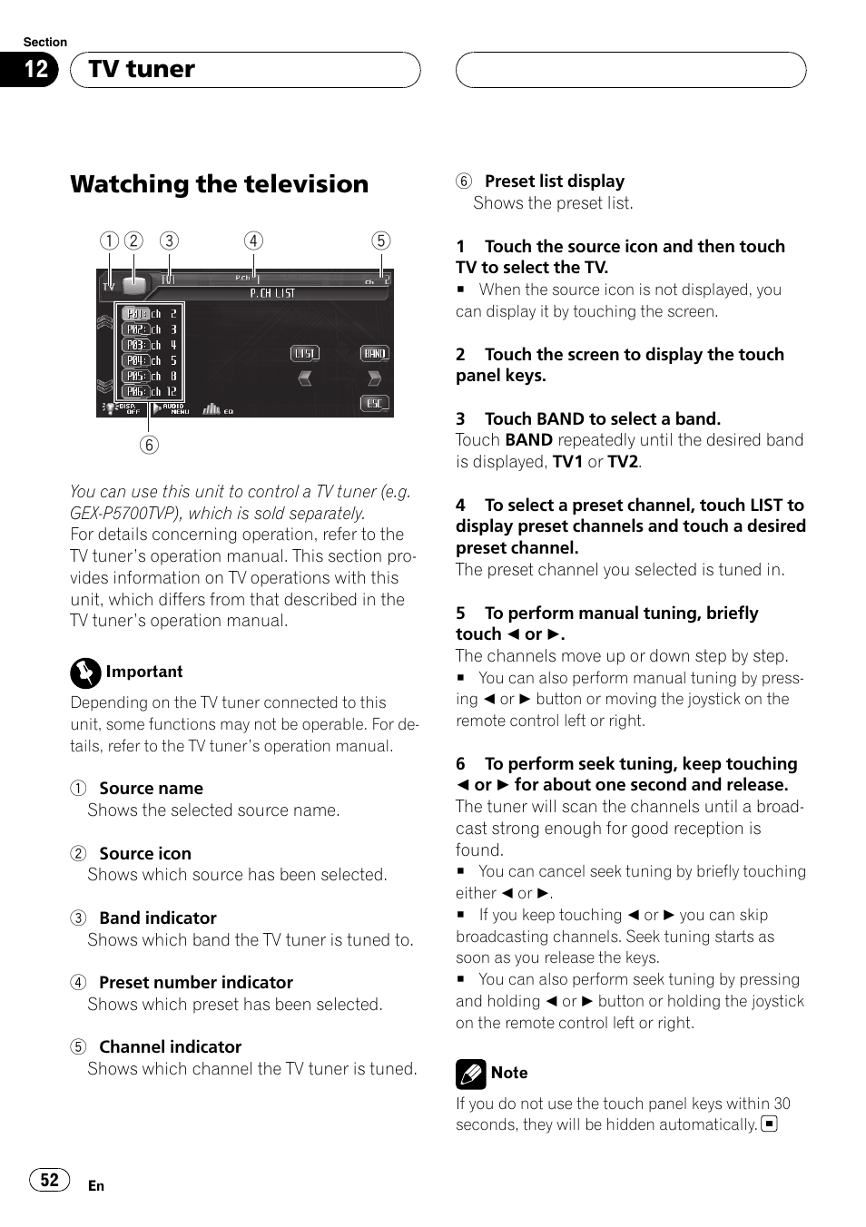 Tv tuner watching the television, Watching the television, Tv tuner | Pioneer AVH-P6000DVD User Manual | Page 52 / 120