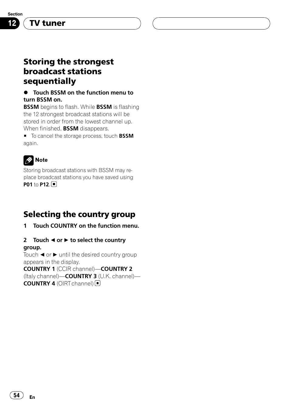 Storing the strongest broadcast stations, Sequentially, Selecting the country group | Tv tuner | Pioneer AVH-P6000DVD User Manual | Page 54 / 120