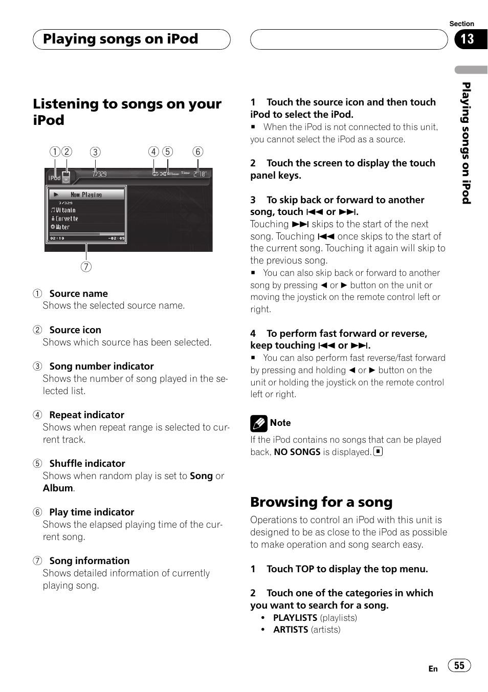 Browsing for a song, Listening to songs on your ipod, Playing songs on ipod | Pioneer AVH-P6000DVD User Manual | Page 55 / 120