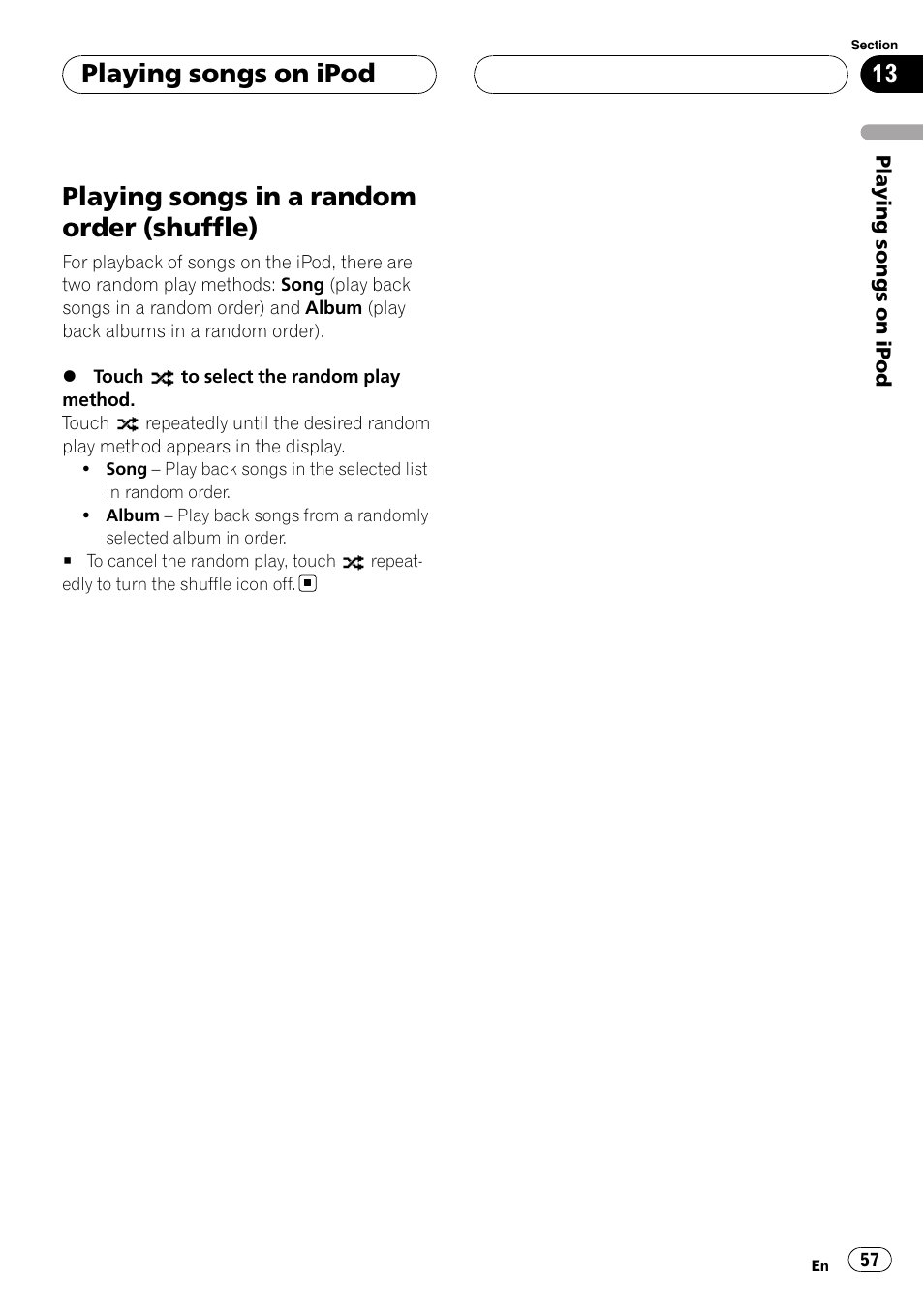 Playing songs in a random order, Shuffle), Playing songs in a random order (shuffle) | Playing songs on ipod | Pioneer AVH-P6000DVD User Manual | Page 57 / 120