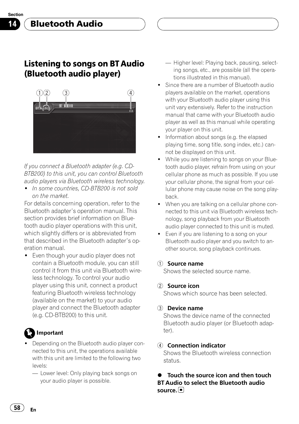 Audio player), Bluetooth audio | Pioneer AVH-P6000DVD User Manual | Page 58 / 120