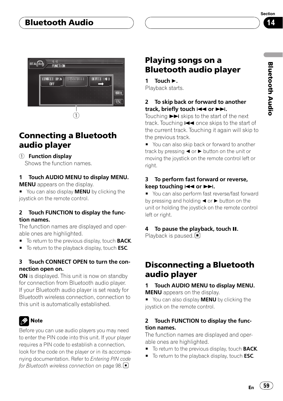 Connecting a bluetooth audio player, Playing songs on a bluetooth audio, Player | Disconnecting a bluetooth audio player, Playing songs on a bluetooth audio player, Bluetooth audio | Pioneer AVH-P6000DVD User Manual | Page 59 / 120