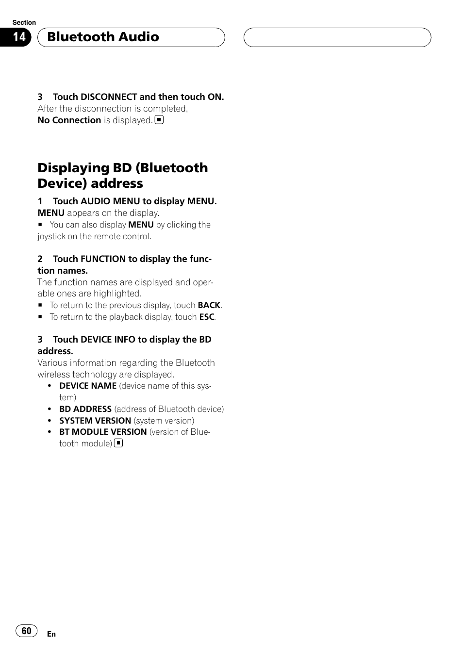 Displaying bd (bluetooth device), Address, Displaying bd (bluetooth device) address | Bluetooth audio | Pioneer AVH-P6000DVD User Manual | Page 60 / 120