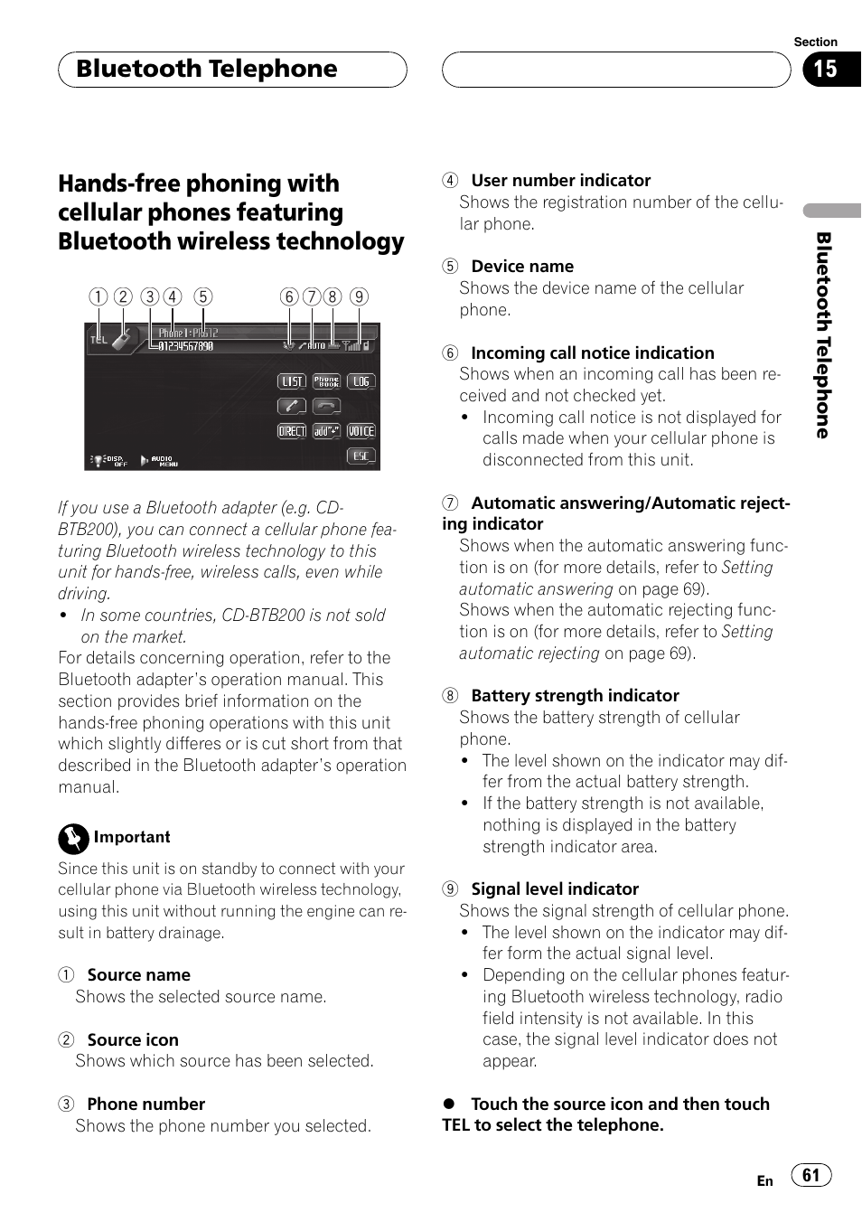 Featuring bluetooth wireless technology, Bluetooth telephone | Pioneer AVH-P6000DVD User Manual | Page 61 / 120