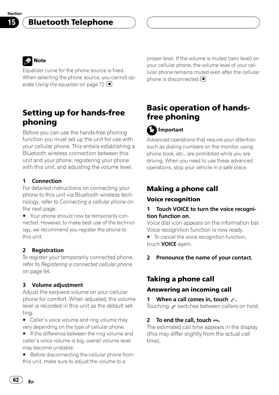 Setting up for hands-free phoning, Basic operation of hands-free phoning, Basic operation of hands- free phoning | Bluetooth telephone, Making a phone call, Taking a phone call | Pioneer AVH-P6000DVD User Manual | Page 62 / 120