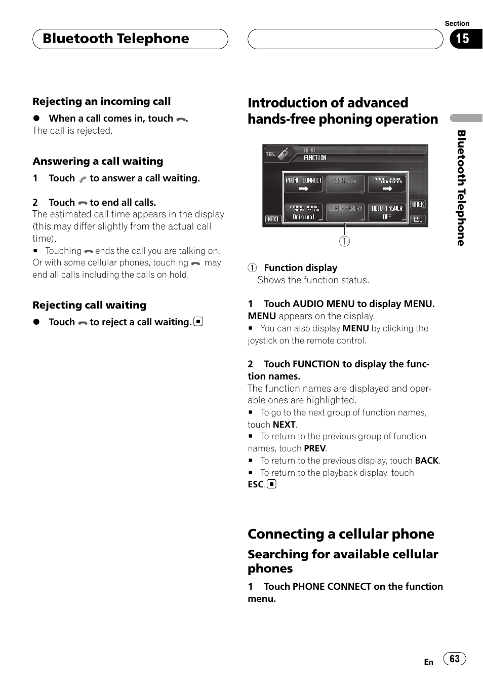 Introduction of advanced hands-free phoning, Operation, Connecting a cellular phone | Bluetooth telephone, Searching for available cellular phones | Pioneer AVH-P6000DVD User Manual | Page 63 / 120