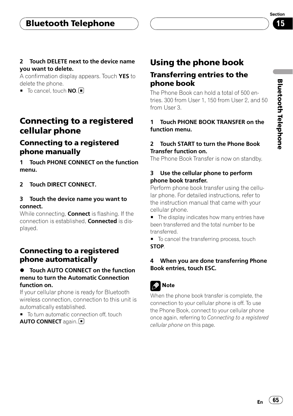 Connecting to a registered cellular, Phone, Using the phone book | Connecting to a registered cellular phone, Bluetooth telephone | Pioneer AVH-P6000DVD User Manual | Page 65 / 120