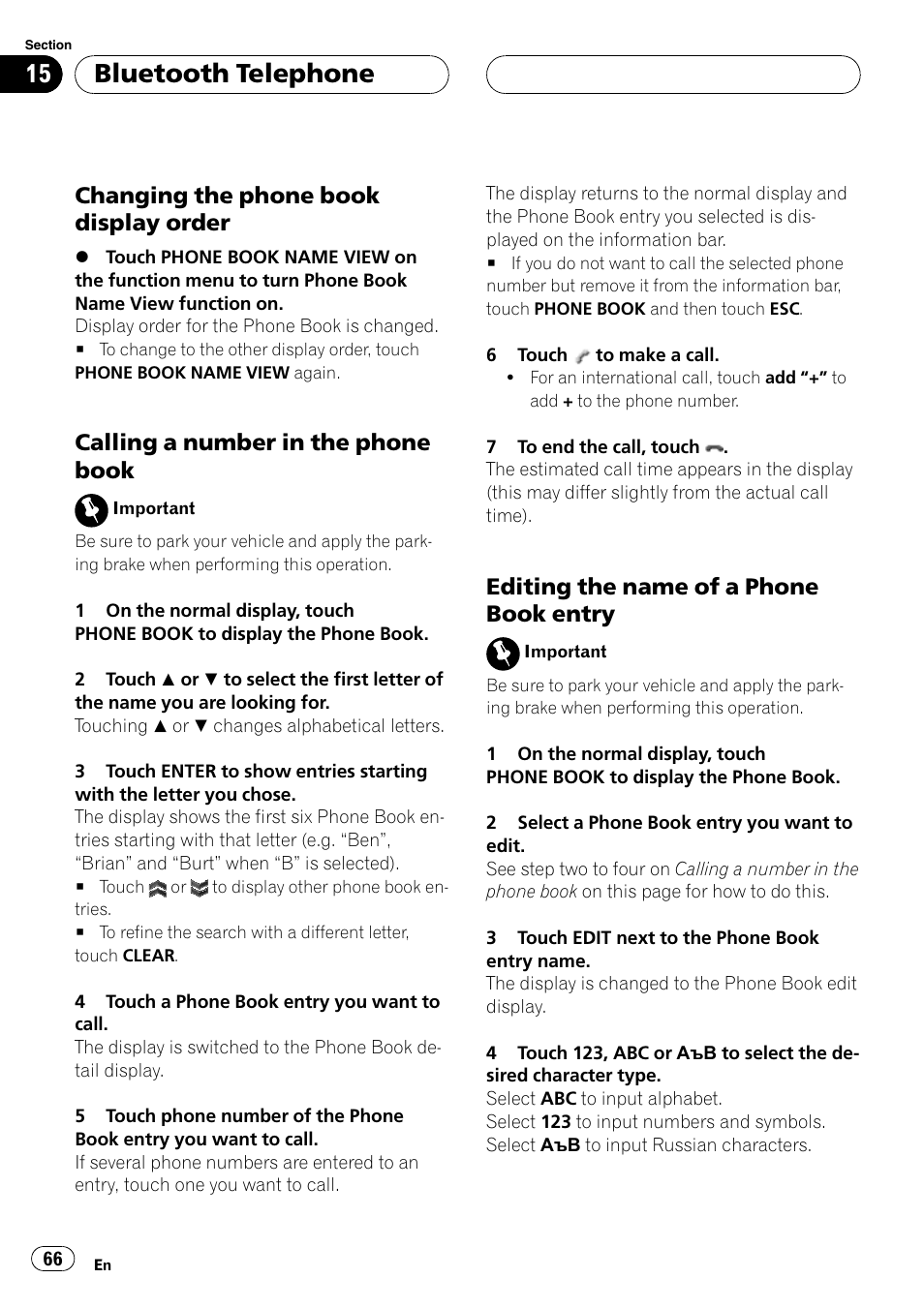 Bluetooth telephone, Changing the phone book display order, Calling a number in the phone book | Editing the name of a phone book entry | Pioneer AVH-P6000DVD User Manual | Page 66 / 120