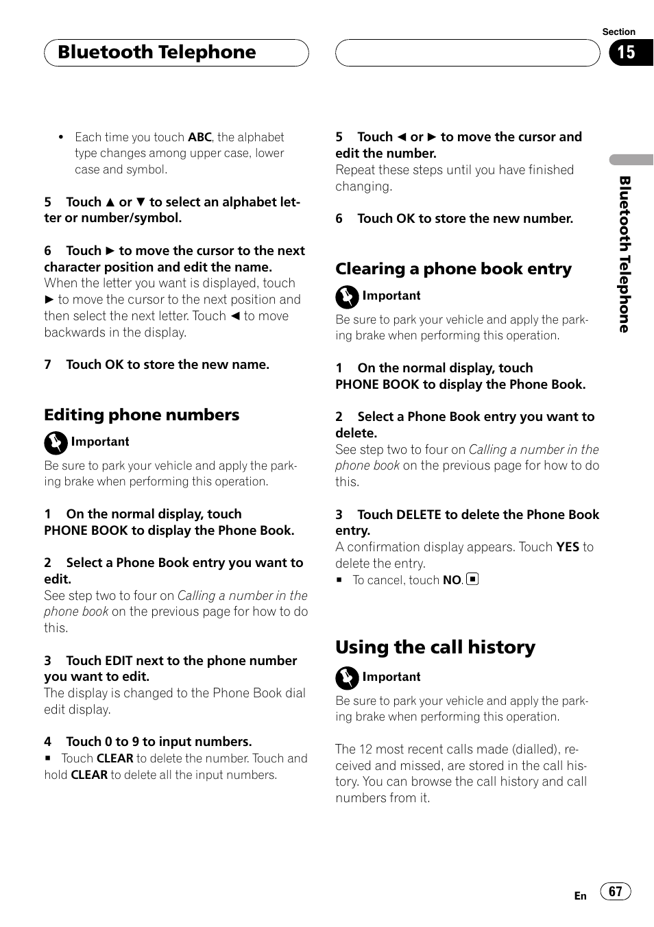 Using the call history, Bluetooth telephone, Editing phone numbers | Clearing a phone book entry | Pioneer AVH-P6000DVD User Manual | Page 67 / 120