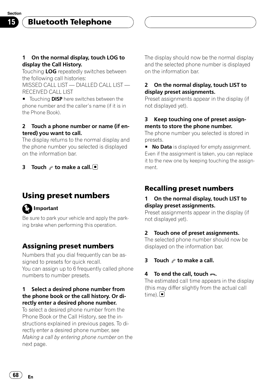 Using preset numbers, Bluetooth telephone, Assigning preset numbers | Recalling preset numbers | Pioneer AVH-P6000DVD User Manual | Page 68 / 120