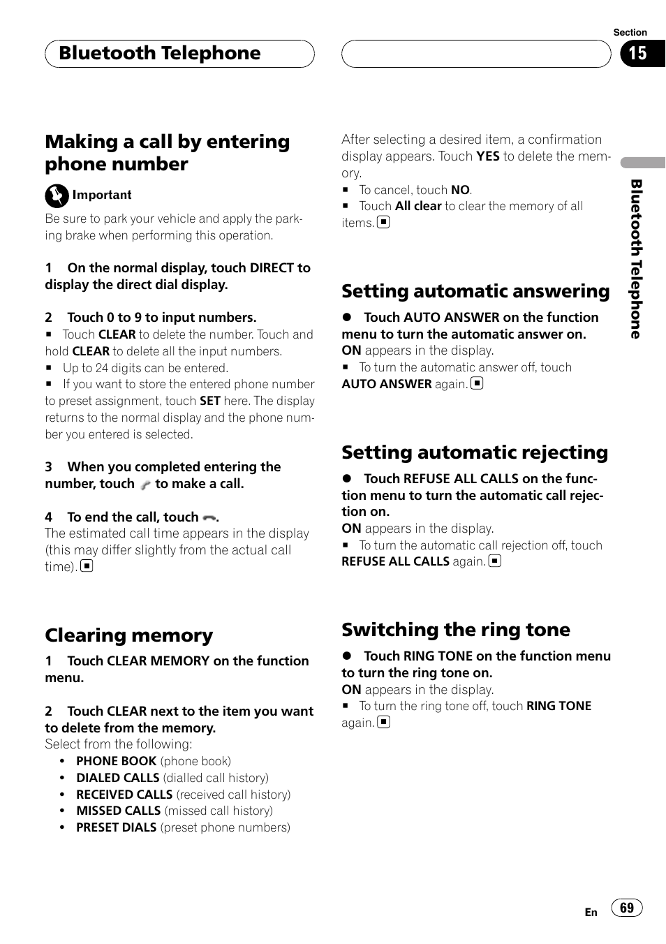 Making a call by entering phone number, Clearing memory, Setting automatic answering | Setting automatic rejecting, Switching the ring tone, Bluetooth telephone | Pioneer AVH-P6000DVD User Manual | Page 69 / 120
