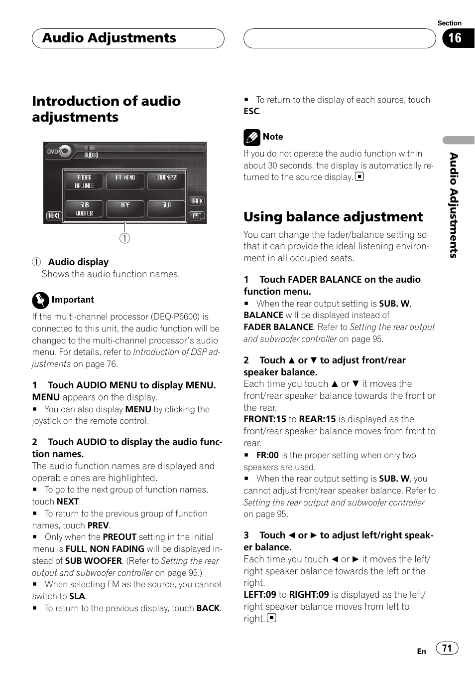 Using balance adjustment, Introduction of audio adjustments, Audio adjustments | Pioneer AVH-P6000DVD User Manual | Page 71 / 120