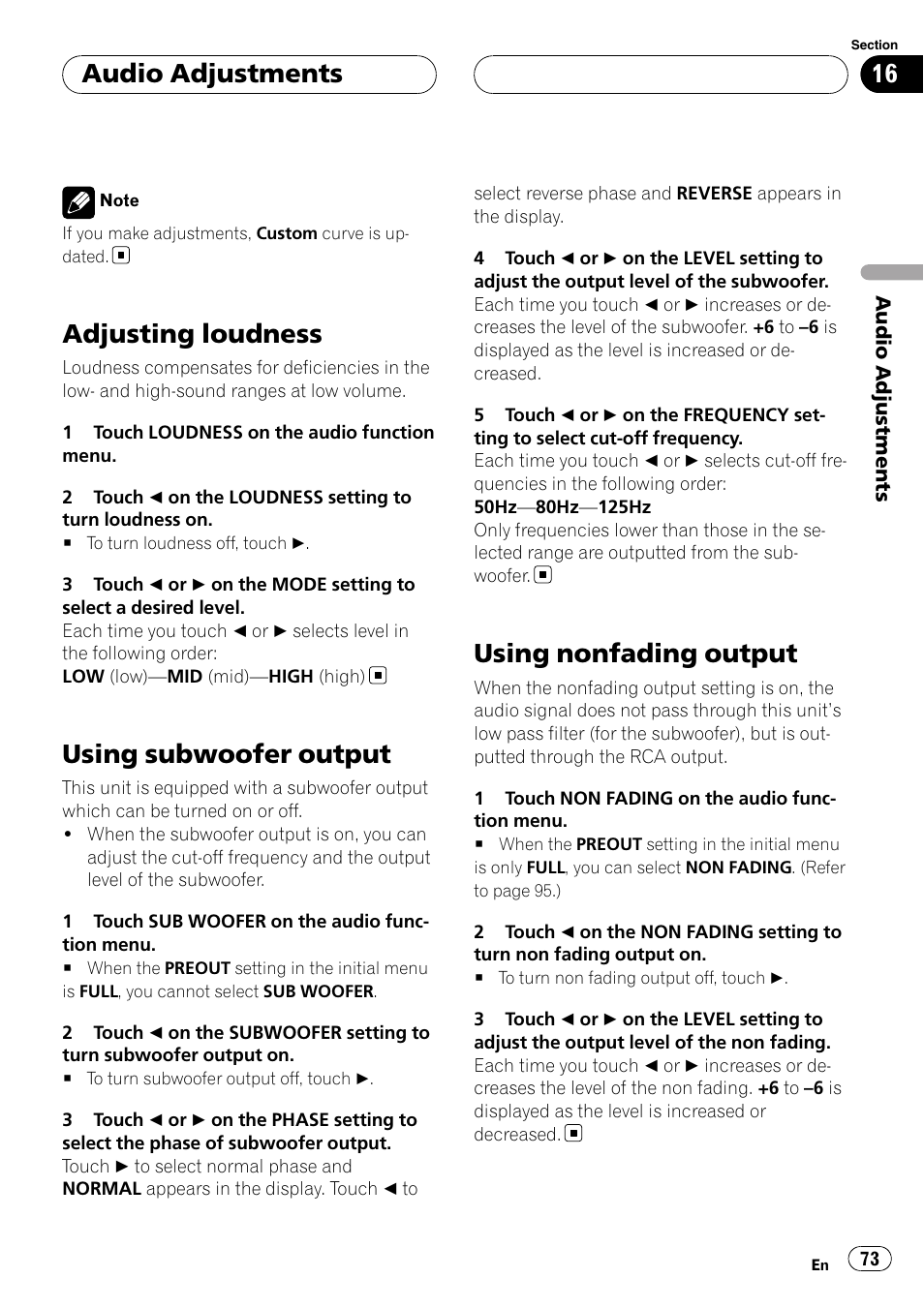 Adjusting loudness, Using subwoofer output, Using nonfading output | Audio adjustments | Pioneer AVH-P6000DVD User Manual | Page 73 / 120