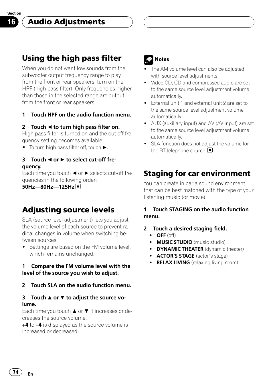 Using the high pass filter, Adjusting source levels, Staging for car environment | Audio adjustments | Pioneer AVH-P6000DVD User Manual | Page 74 / 120