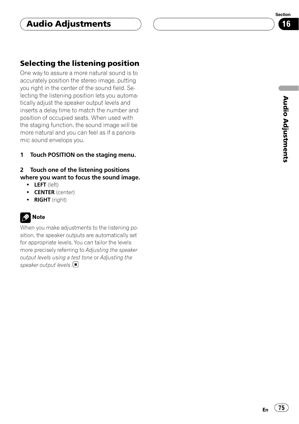 Audio adjustments | Pioneer AVH-P6000DVD User Manual | Page 75 / 120
