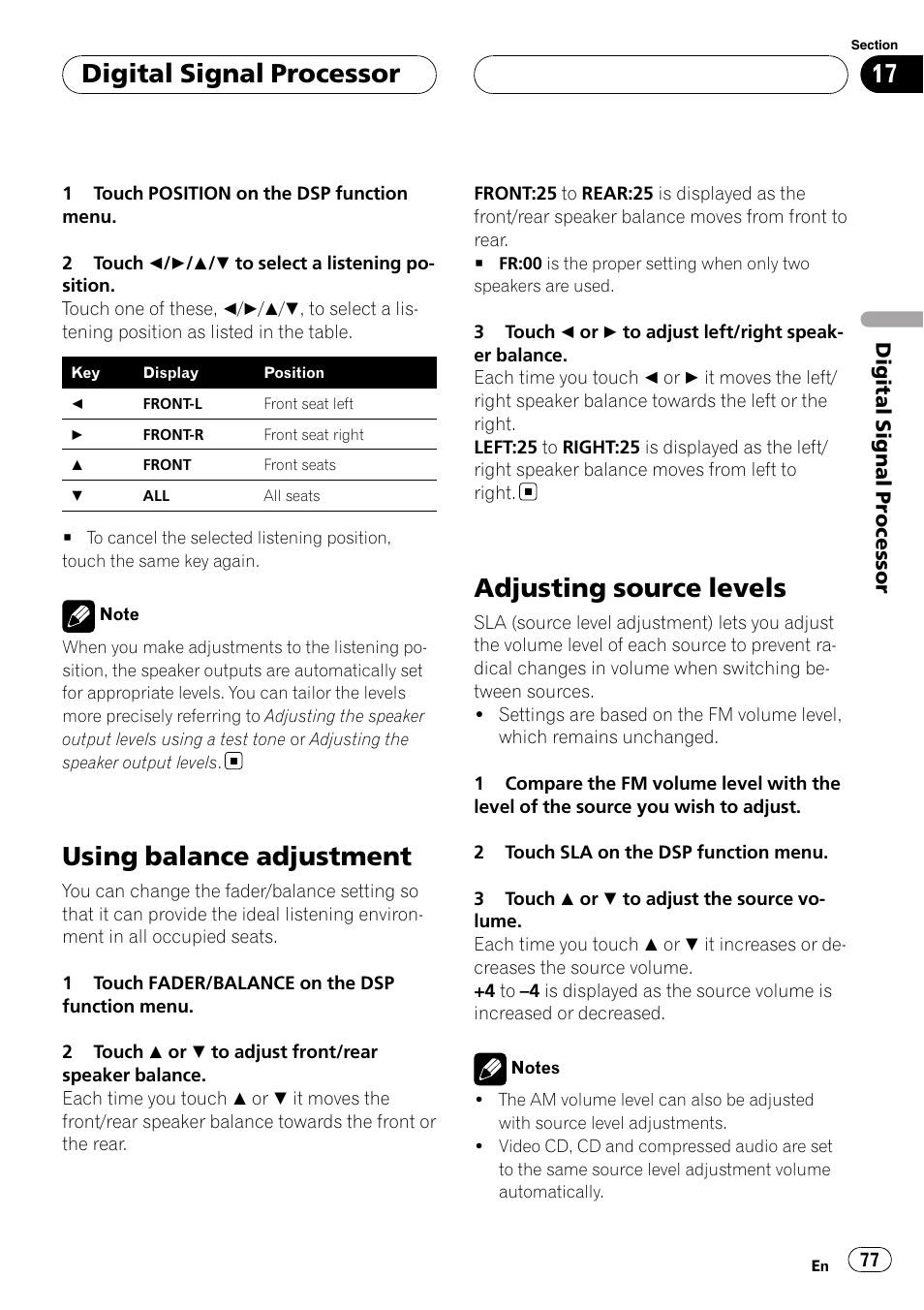Using balance adjustment, Adjusting source levels, Digital signal processor | Pioneer AVH-P6000DVD User Manual | Page 77 / 120
