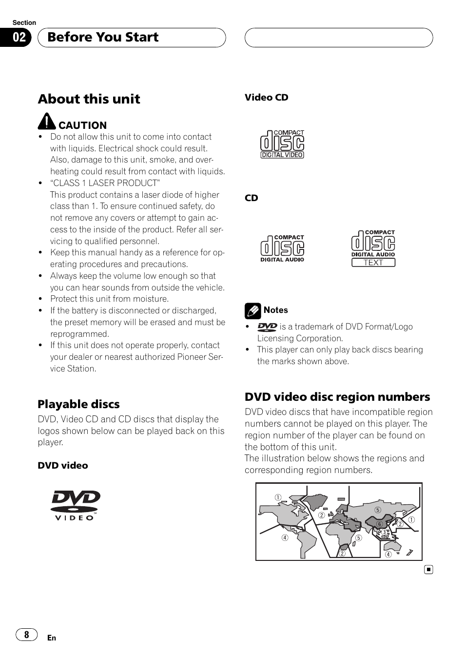Playable discs 8, Dvd video disc region numbers 8, Before you start about this unit | About this unit, Before you start, Playable discs, Dvd video disc region numbers | Pioneer AVH-P6000DVD User Manual | Page 8 / 120