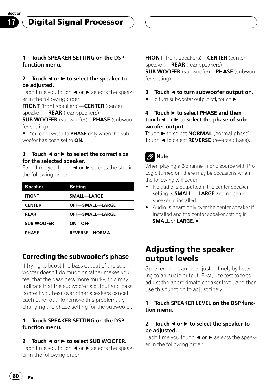 Adjusting the speaker output levels, Digital signal processor, Correcting the subwoofer ’s phase | Pioneer AVH-P6000DVD User Manual | Page 80 / 120