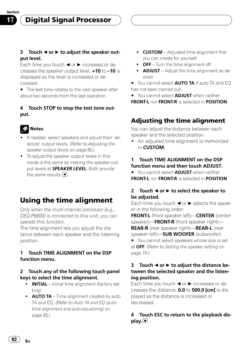 Using the time alignment, Adjusting the time alignment, Digital signal processor | Pioneer AVH-P6000DVD User Manual | Page 82 / 120