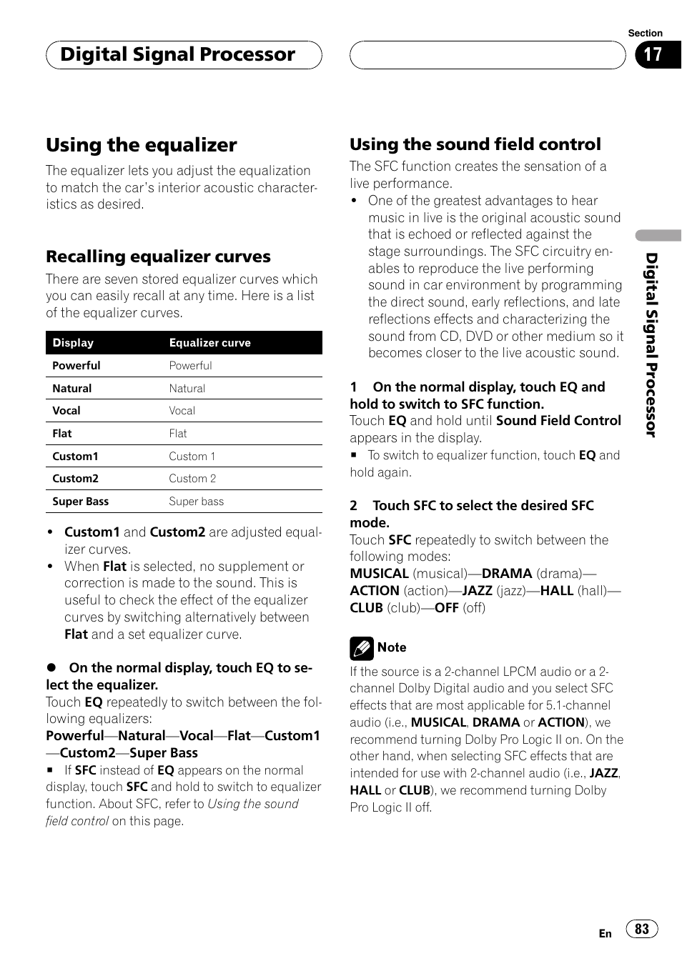 Using the equalizer, Digital signal processor, Recalling equalizer curves | Using the sound field control | Pioneer AVH-P6000DVD User Manual | Page 83 / 120