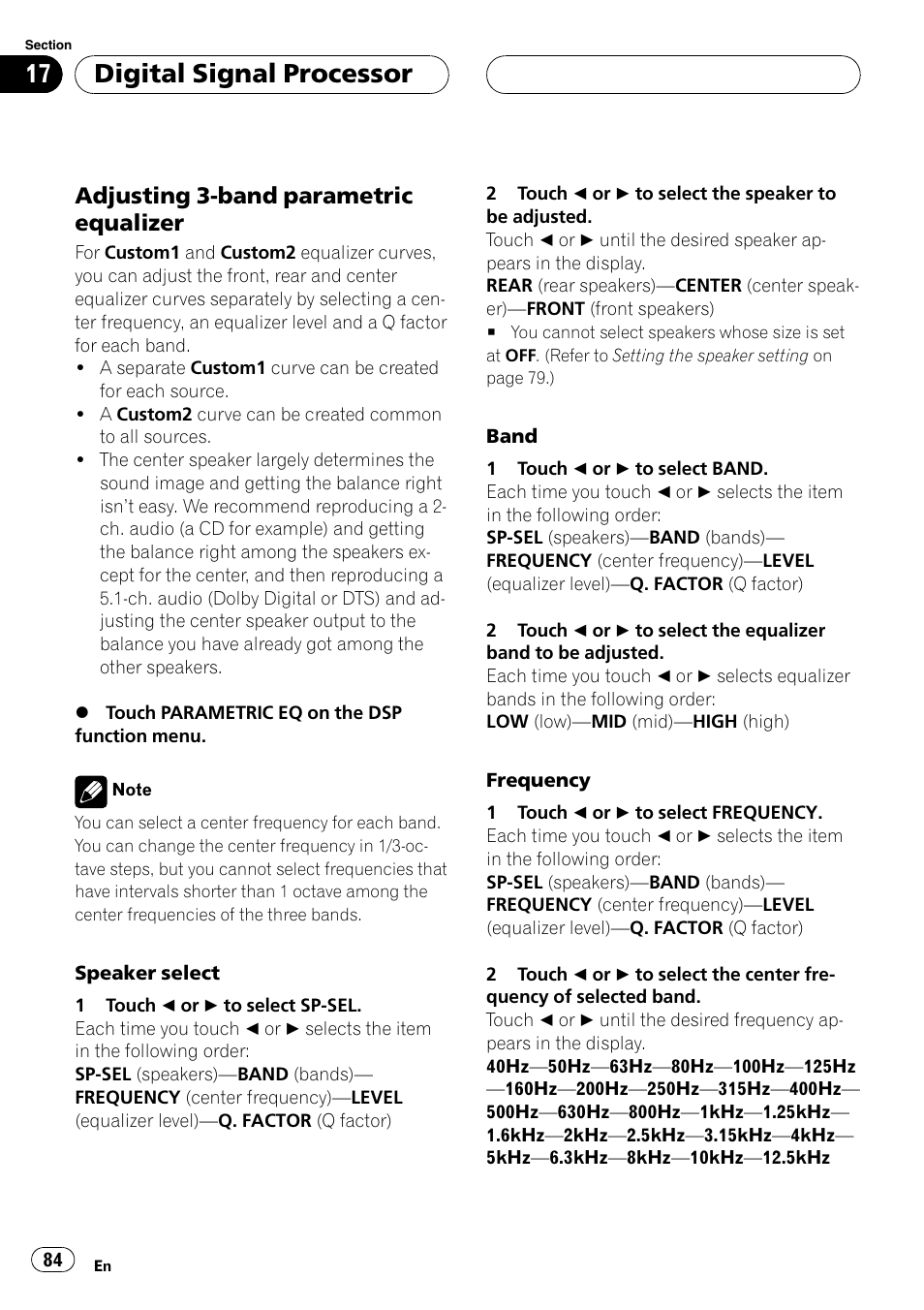 Adjusting 3-band parametric equalizer, Digital signal processor | Pioneer AVH-P6000DVD User Manual | Page 84 / 120
