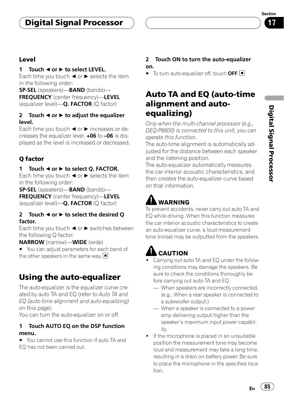 Using the auto-equalizer, Auto ta and eq (auto-time alignment and, Auto-equalizing) | Digital signal processor | Pioneer AVH-P6000DVD User Manual | Page 85 / 120