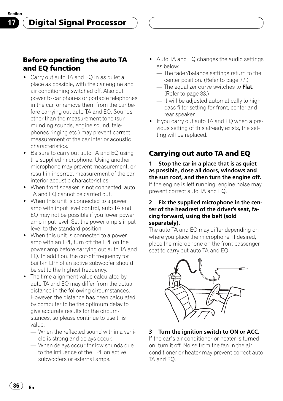 Digital signal processor, Before operating the auto ta and eq function, Carrying out auto ta and eq | Pioneer AVH-P6000DVD User Manual | Page 86 / 120