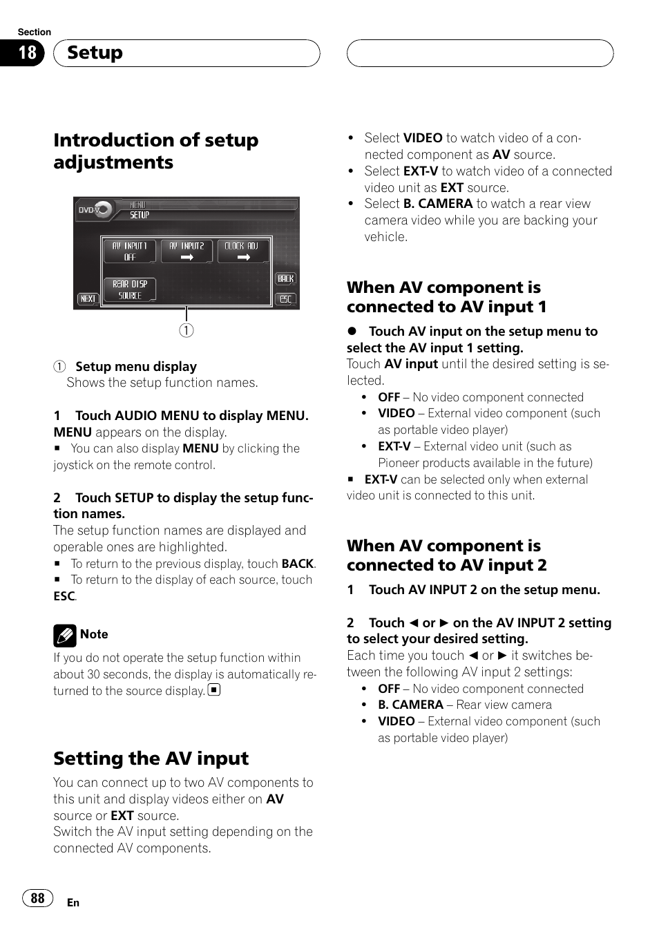 Setup introduction of setup adjustments, Setting the av input, Introduction of setup adjustments | Setup, When av component is connected to av input 1, When av component is connected to av input 2 | Pioneer AVH-P6000DVD User Manual | Page 88 / 120