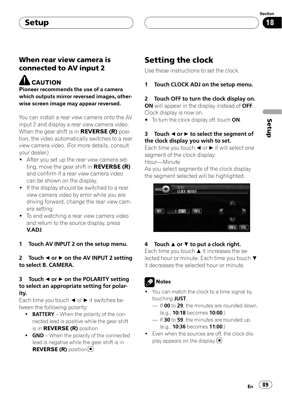 Setting the clock, Setup, When rear view camera is connected to av input 2 | Pioneer AVH-P6000DVD User Manual | Page 89 / 120