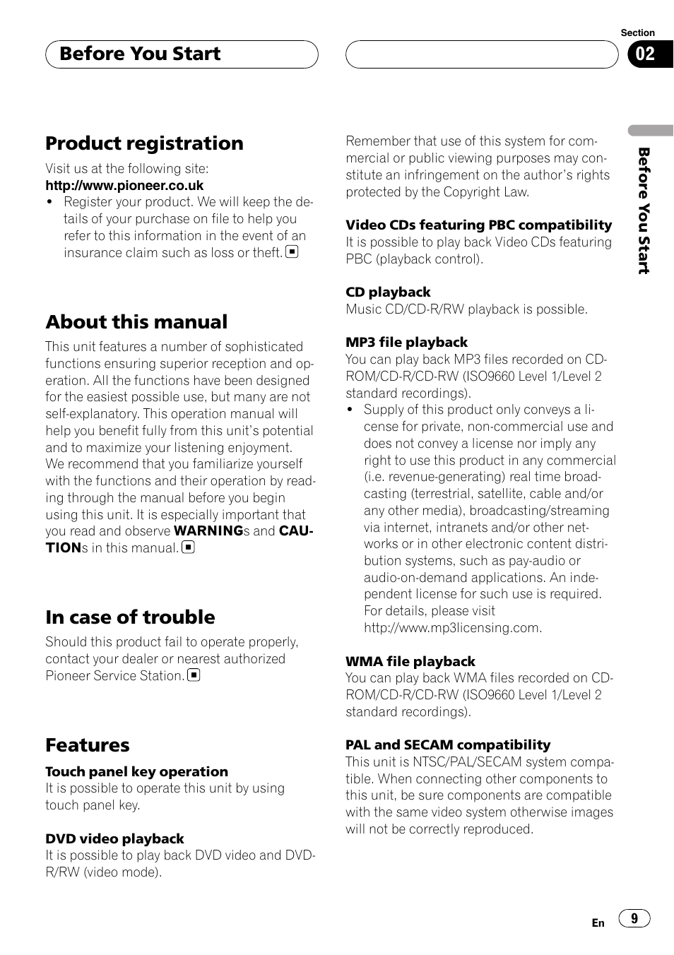 Product registration, About this manual, In case of trouble | Features, Before you start | Pioneer AVH-P6000DVD User Manual | Page 9 / 120