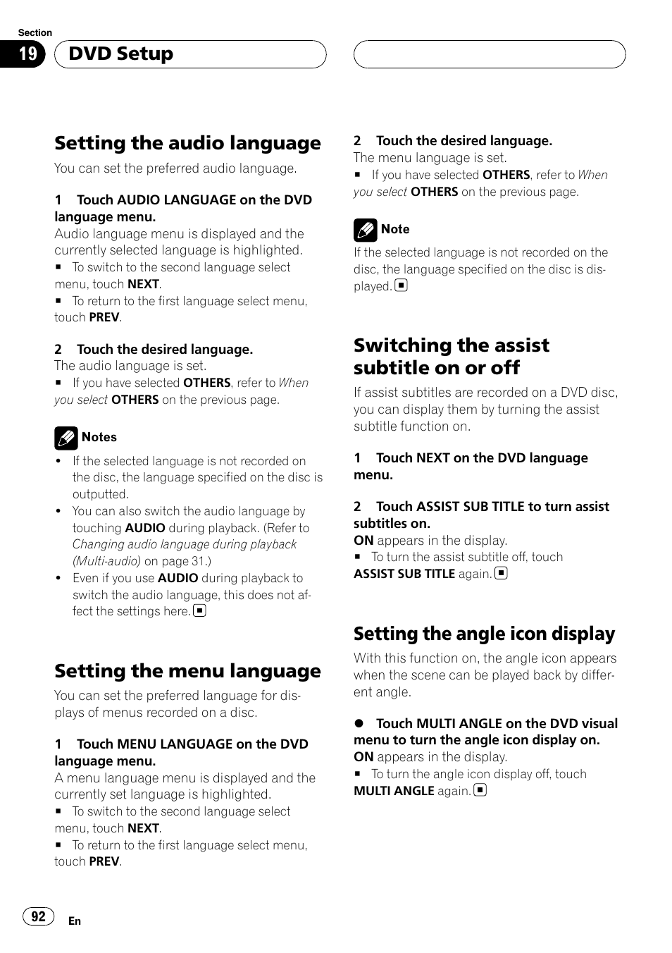 Setting the audio language, Setting the menu language, Switching the assist subtitle on or off | Setting the angle icon display, Dvd setup | Pioneer AVH-P6000DVD User Manual | Page 92 / 120