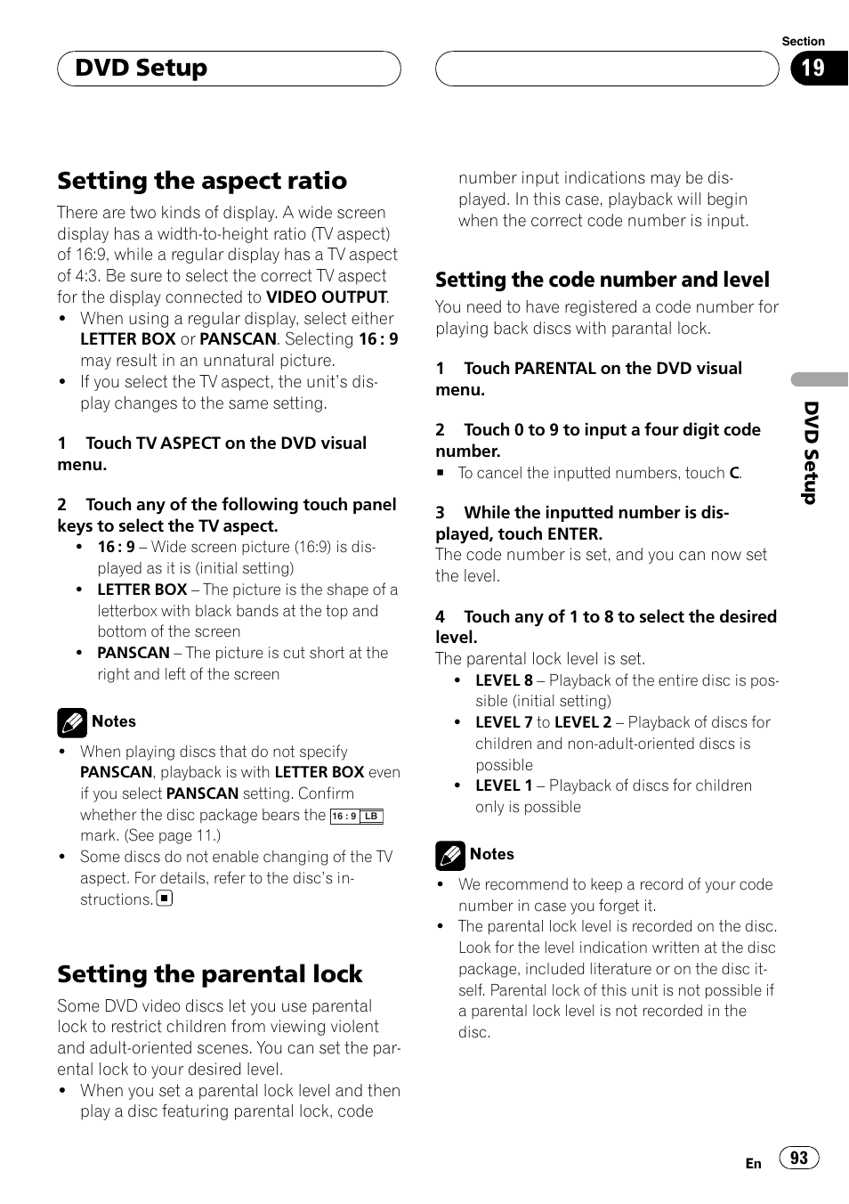 Setting the aspect ratio, Setting the parental lock, Dvd setup | Setting the code number and level | Pioneer AVH-P6000DVD User Manual | Page 93 / 120