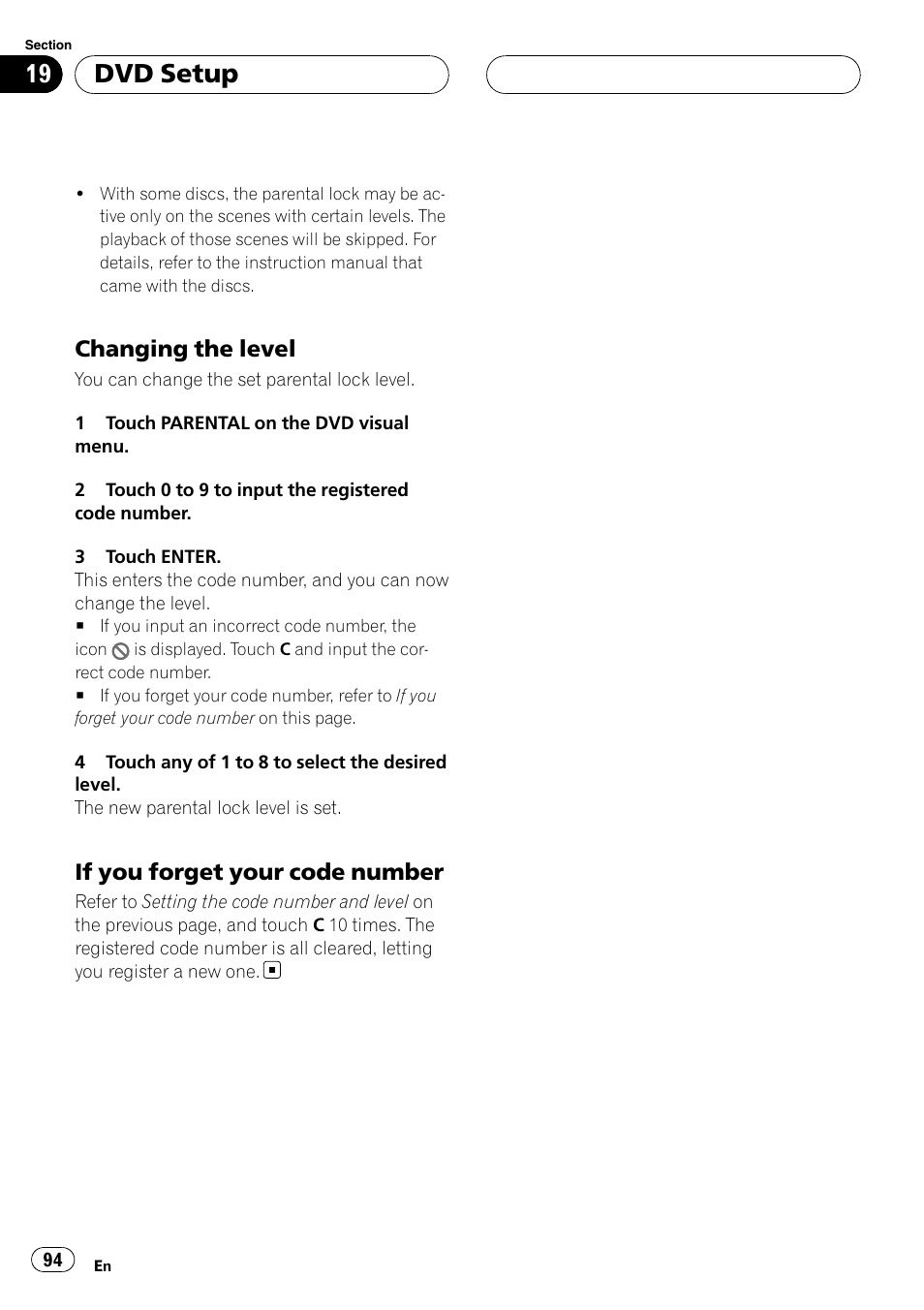 Dvd setup, Changing the level, If you forget your code number | Pioneer AVH-P6000DVD User Manual | Page 94 / 120