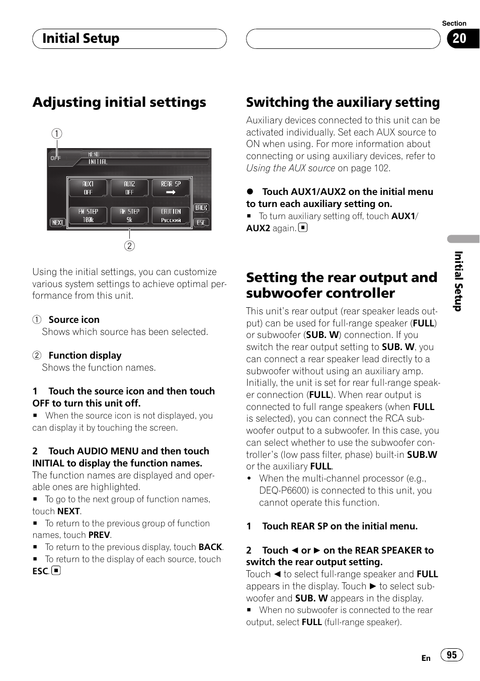 Initial setup adjusting initial settings, Switching the auxiliary setting, Setting the rear output and subwoofer | Controller, Setting the rear, Adjusting initial settings, Setting the rear output and subwoofer controller, Initial setup | Pioneer AVH-P6000DVD User Manual | Page 95 / 120