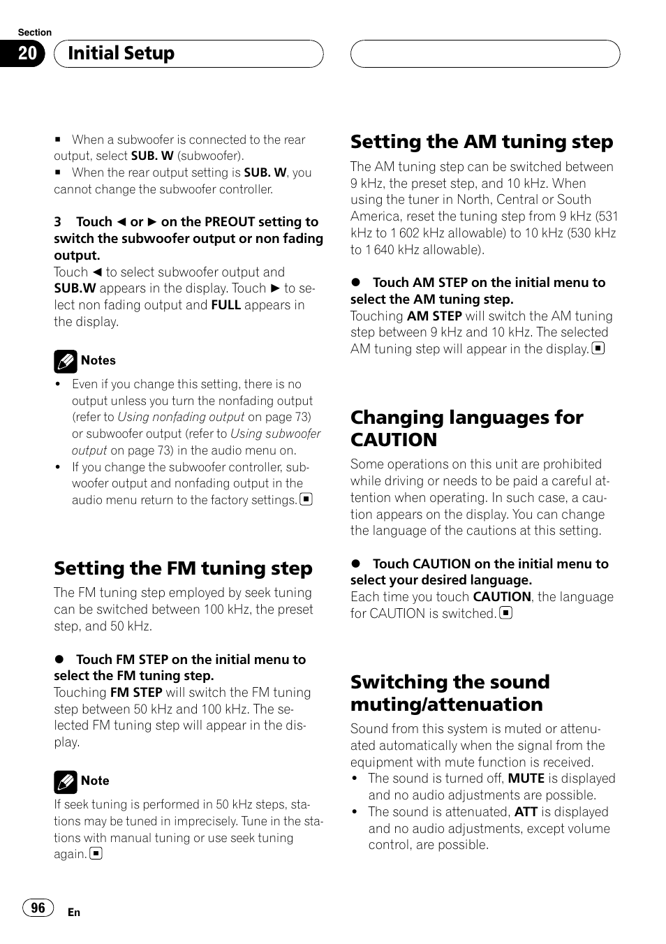 Setting the fm tuning step, Setting the am tuning step, Changing languages for caution | Switching the sound muting/attenuation, Initial setup | Pioneer AVH-P6000DVD User Manual | Page 96 / 120
