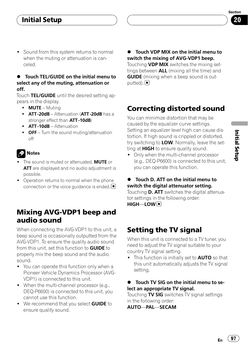 Mixing avg-vdp1 beep and audio sound, Correcting distorted sound, Setting the tv signal | Initial setup | Pioneer AVH-P6000DVD User Manual | Page 97 / 120
