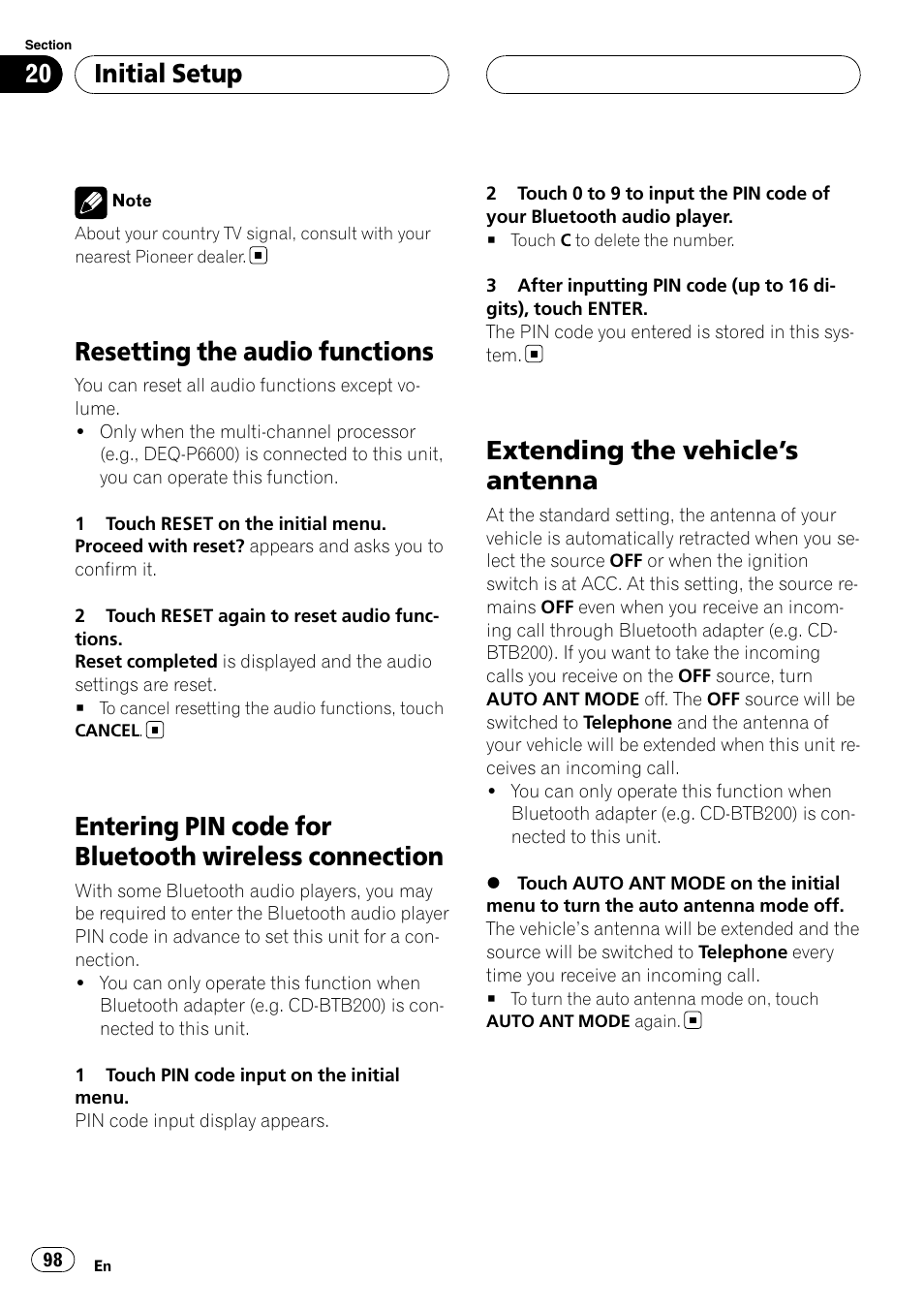 Resetting the audio functions, Entering pin code for bluetooth wireless, Connection | Extending the vehicle, S antenna 98, Extending the vehicle ’s antenna, Initial setup | Pioneer AVH-P6000DVD User Manual | Page 98 / 120