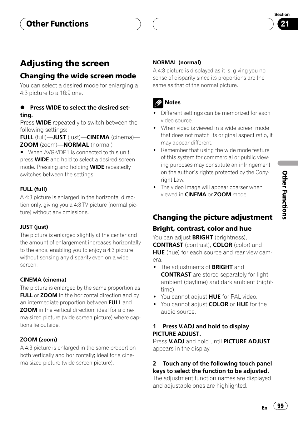 Other functions adjusting the screen, Adjusting the screen, Other functions | Changing the wide screen mode, Changing the picture adjustment | Pioneer AVH-P6000DVD User Manual | Page 99 / 120