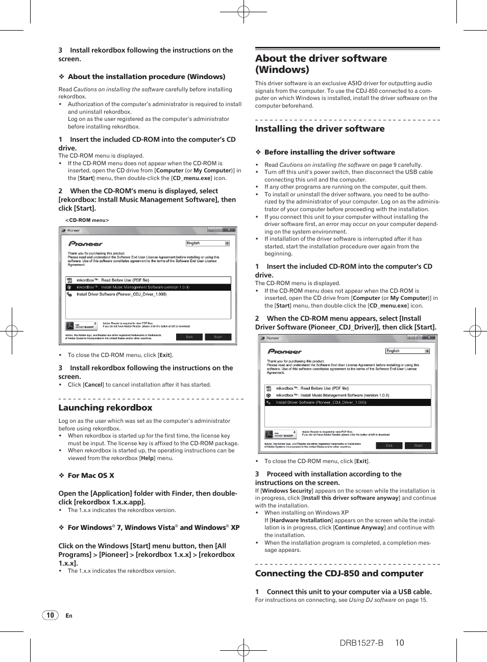 About the driver software (windows), Drb1527-b, Launching rekordbox | Installing the driver software, Connecting the cdj-850 and computer | Pioneer CDJ-850 User Manual | Page 10 / 88