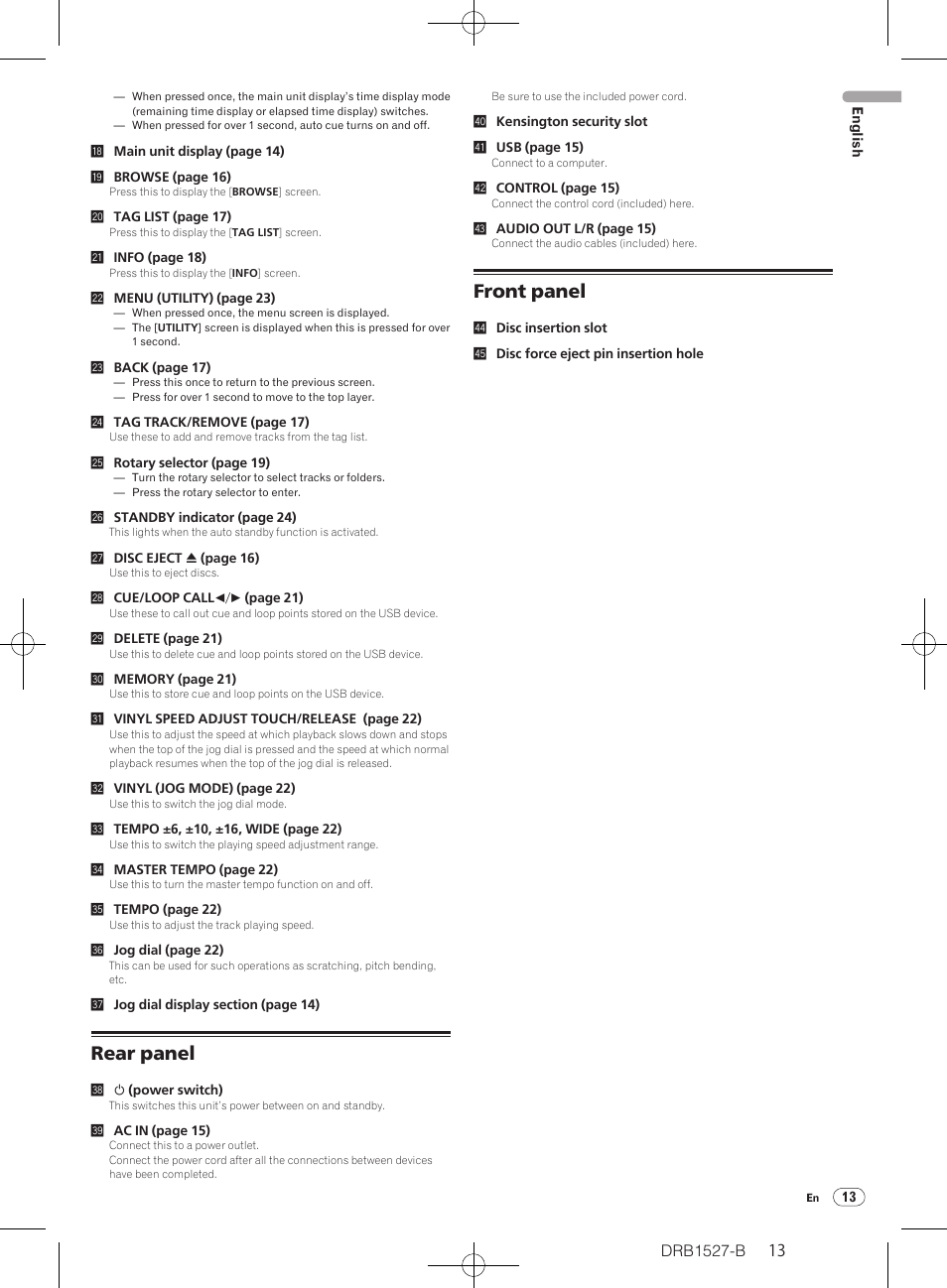 Rear panel front panel, Rear panel, Front panel | Pioneer CDJ-850 User Manual | Page 13 / 88