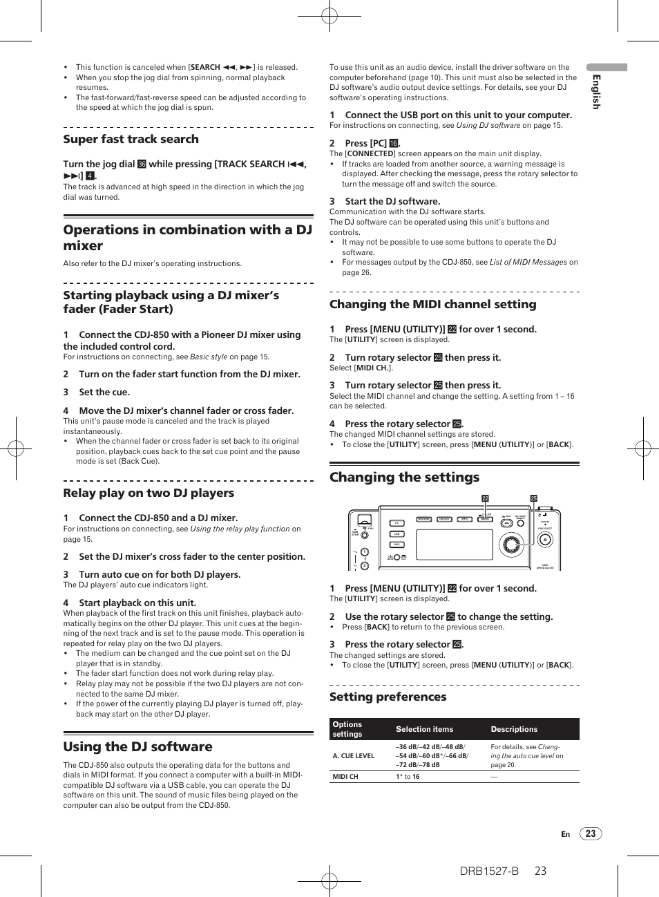Operations in combination with a dj mixer, Using the dj software, Changing the settings | Drb1527-b, Super fast track search, Relay play on two dj players, Changing the midi channel setting, Setting preferences, 23 english | Pioneer CDJ-850 User Manual | Page 23 / 88