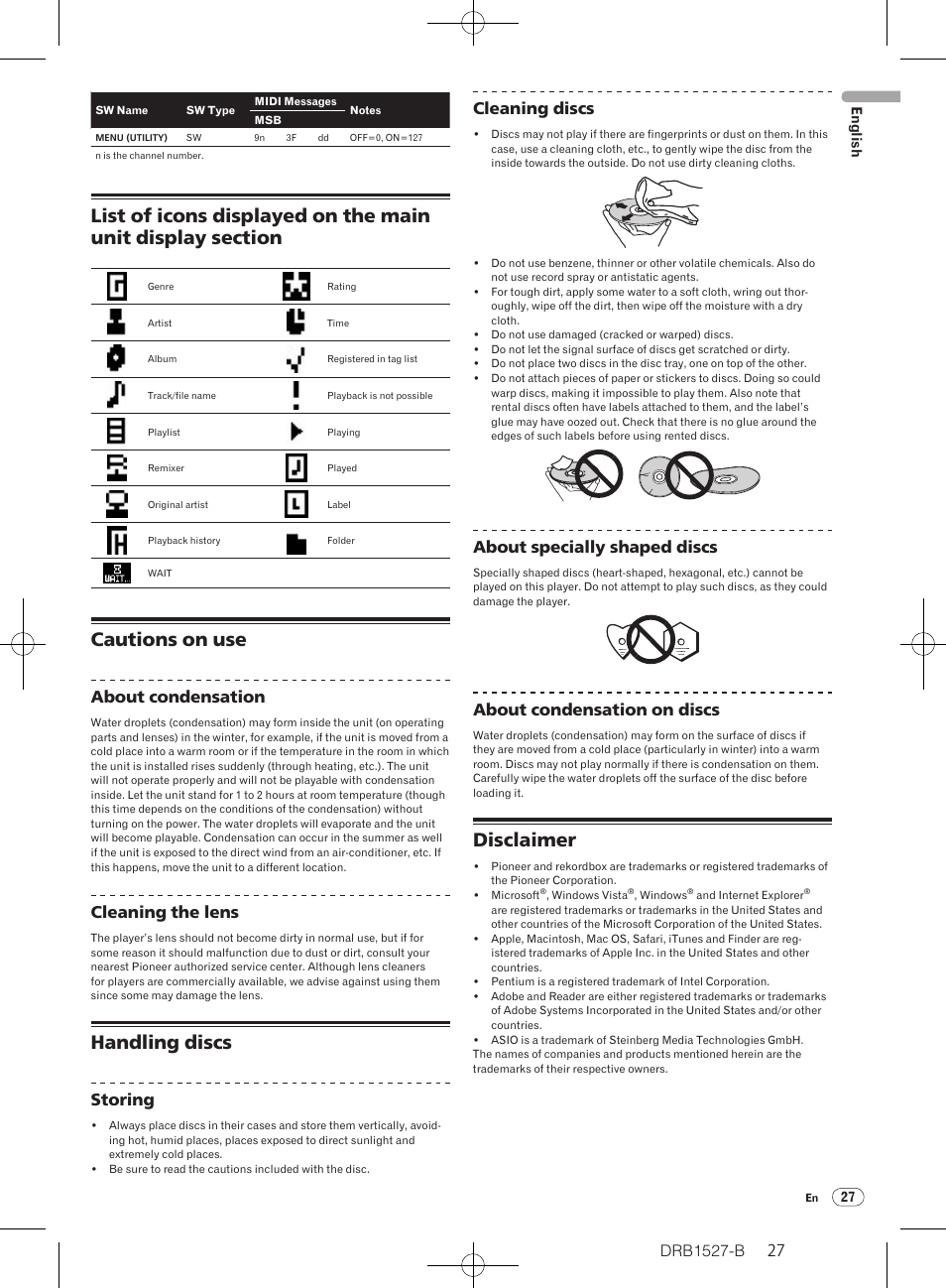Cautions on use, Handling discs, Disclaimer | Drb1527-b, About condensation, Cleaning the lens, Storing, Cleaning discs, About specially shaped discs, About condensation on discs | Pioneer CDJ-850 User Manual | Page 27 / 88
