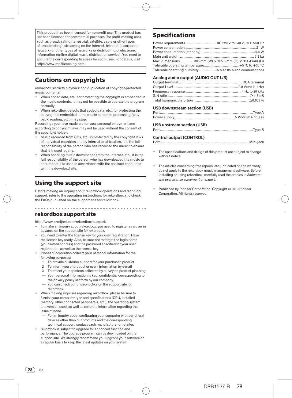 Cautions on copyrights, Using the support site, Specifications | Drb1527-b, Rekordbox support site | Pioneer CDJ-850 User Manual | Page 28 / 88