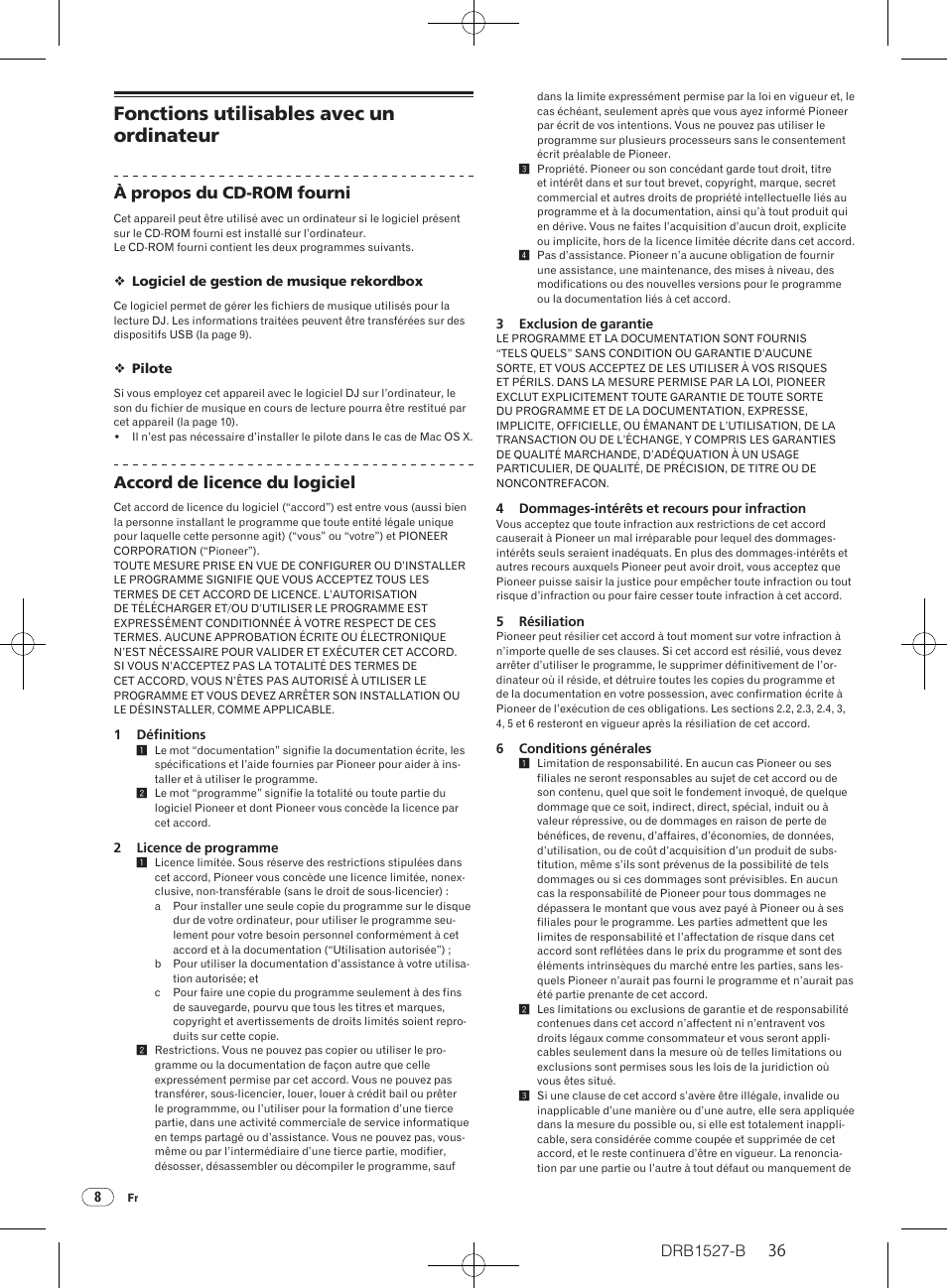 Fonctions utilisables avec un ordinateur, Drb1527-b, À propos du cd-rom fourni | Accord de licence du logiciel | Pioneer CDJ-850 User Manual | Page 36 / 88