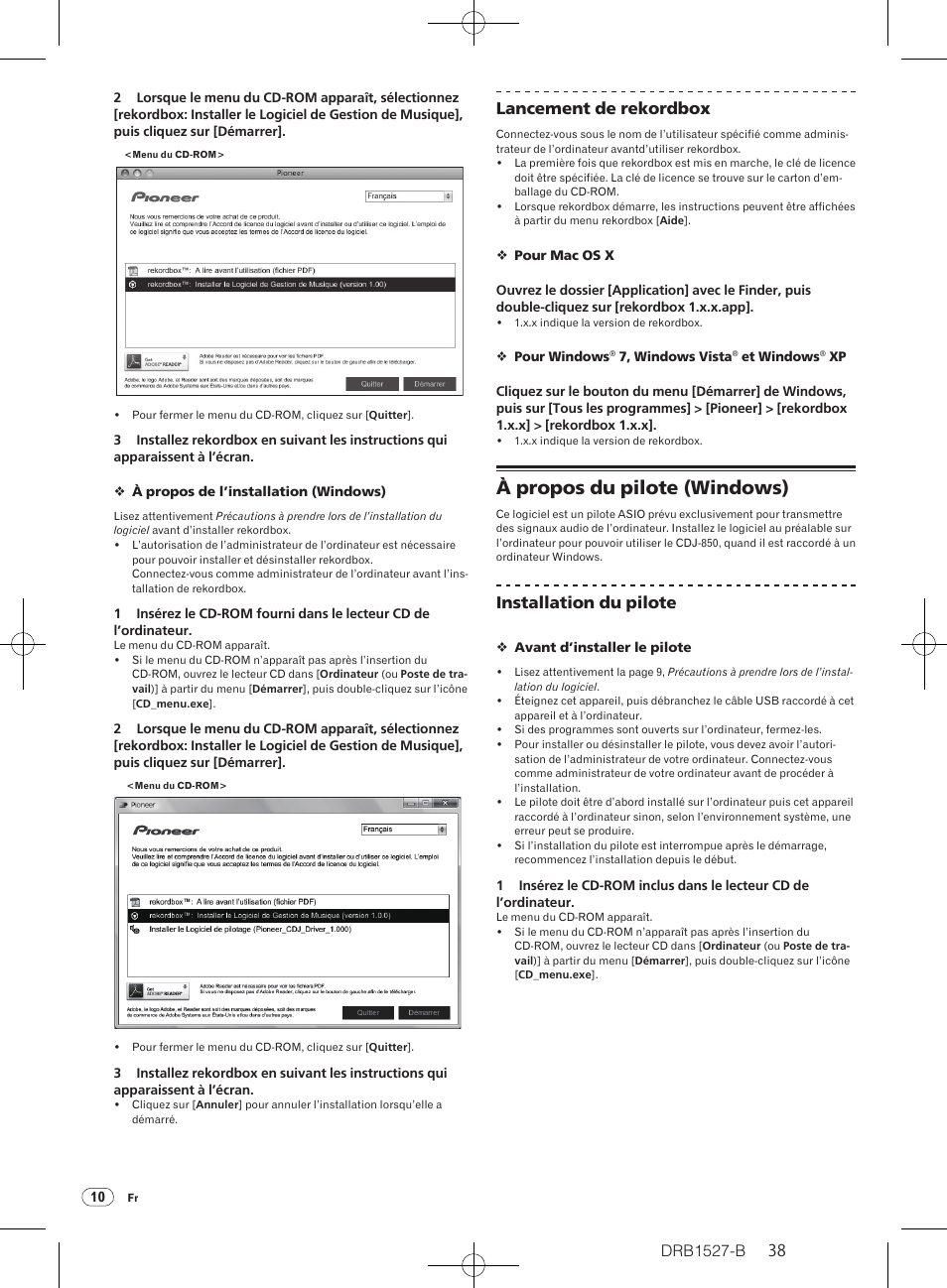 À propos du pilote (windows), Drb1527-b, Lancement de rekordbox | Installation du pilote | Pioneer CDJ-850 User Manual | Page 38 / 88