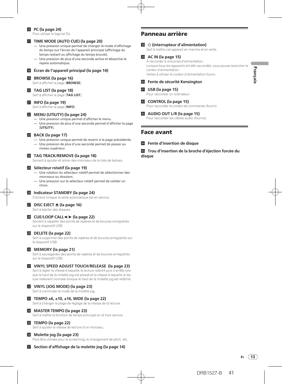 Panneau arrière face avant, Panneau arrière, Face avant | Drb1527-b | Pioneer CDJ-850 User Manual | Page 41 / 88