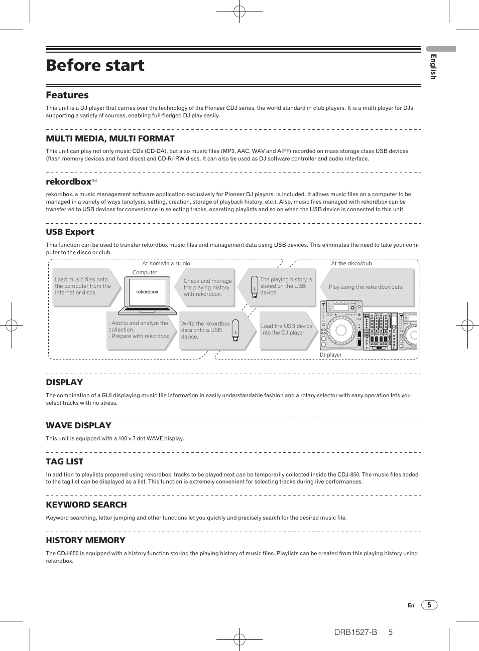 Before start, Features | Pioneer CDJ-850 User Manual | Page 5 / 88